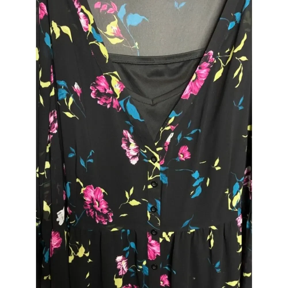 Torrid Black Floral Midi Dress Sz 4 (4XL) Tiered Chiffon Boho Flutter Sleeve - Picture 5 of 12